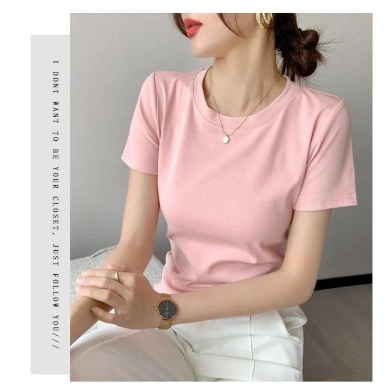 เสื้อยืดแขนสั้น สำหรับผู้หญิง ทำจากผ้าฝ้าย เหมาะสำหรับฤดูร้อน มาใหม่ คอกลม ทรงสลิมฟิต ท็อปส์ซู รูปที่ 7