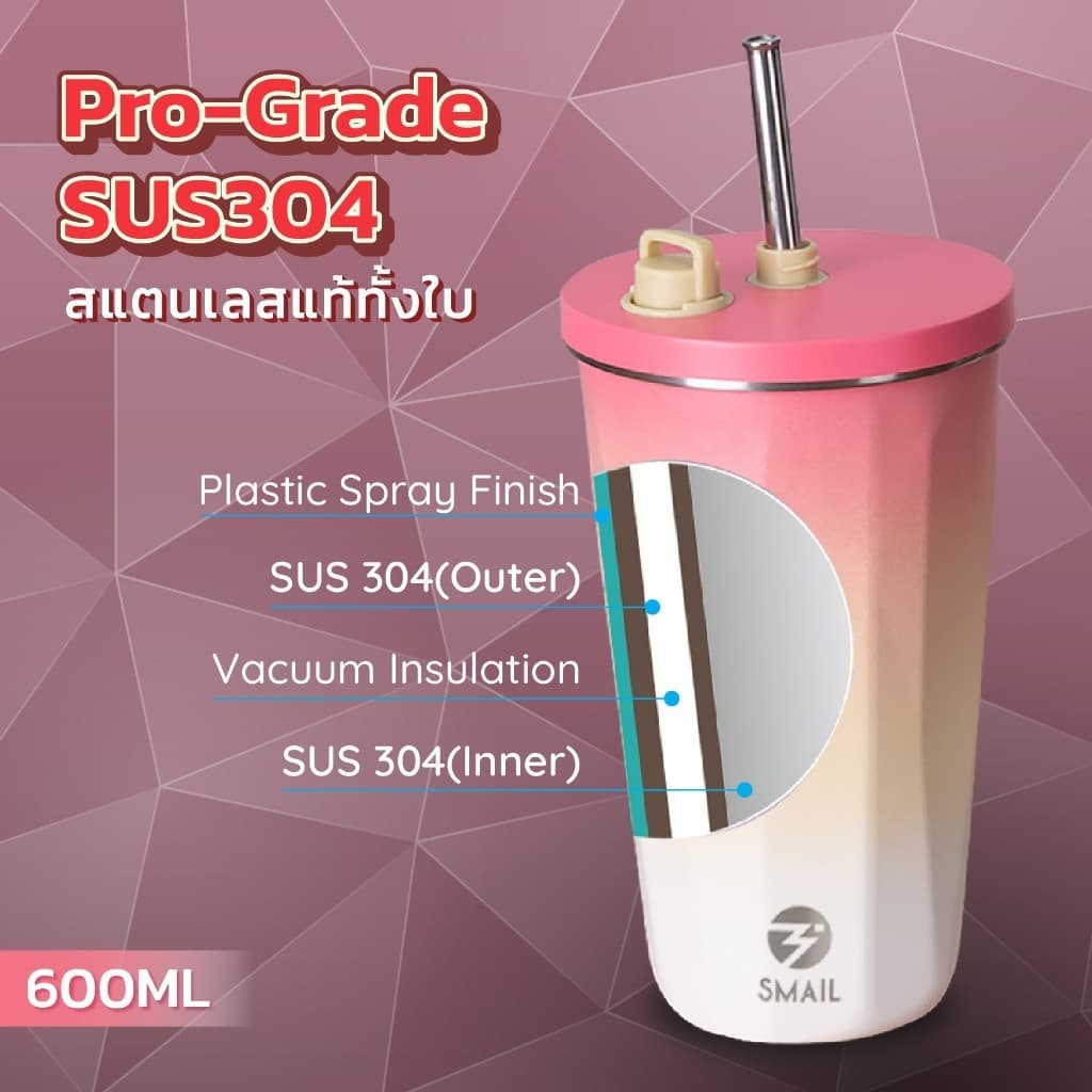 แก้วน้ำ สเตนเลส304 มีฝาปิด แก้วเก็บอุณหภูมิ ขนาด600ml ยี่ห้อSMAIL พร้อมหลอด สีทูโทน เก็บความเย็น ความร้อน รูปที่ 6