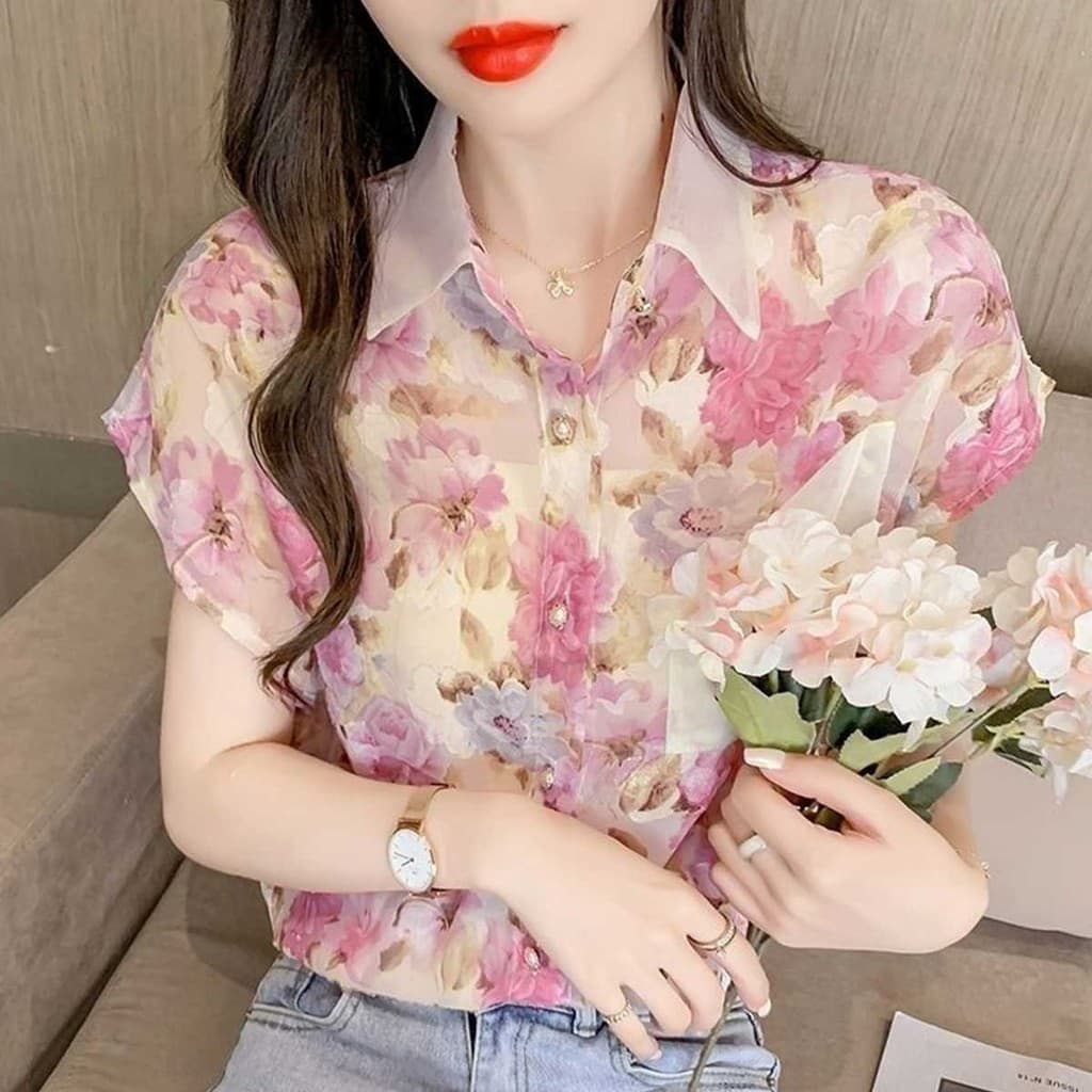 เสื้อเชิ้ตแขนสั้น ผ้าชีฟอง ลายดอกไม้ แนวแฟชั่นใหม่ รูปที่ 8