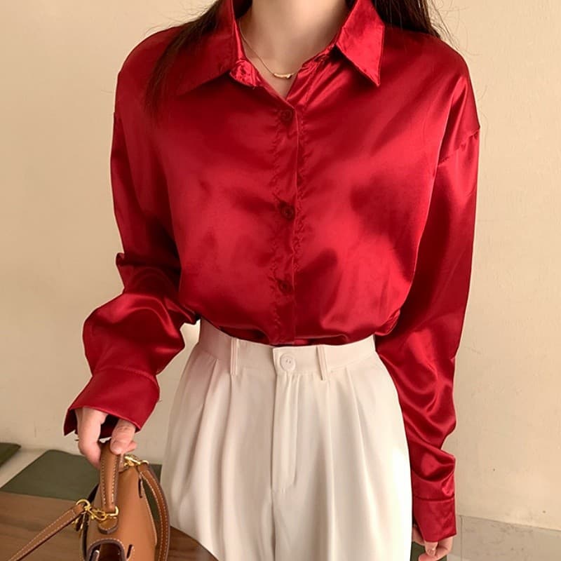 Suysuy เสื้อเชิ้ต แขนยาว คอปก ผ้าซาติน ลื่นๆ ใส่สบายมาก ดีไซน์เว้าเอว ทรงสวยเก๋มาก แมทซ์ได้กับทุกลุคทุกสไตล์ รูปที่ 4