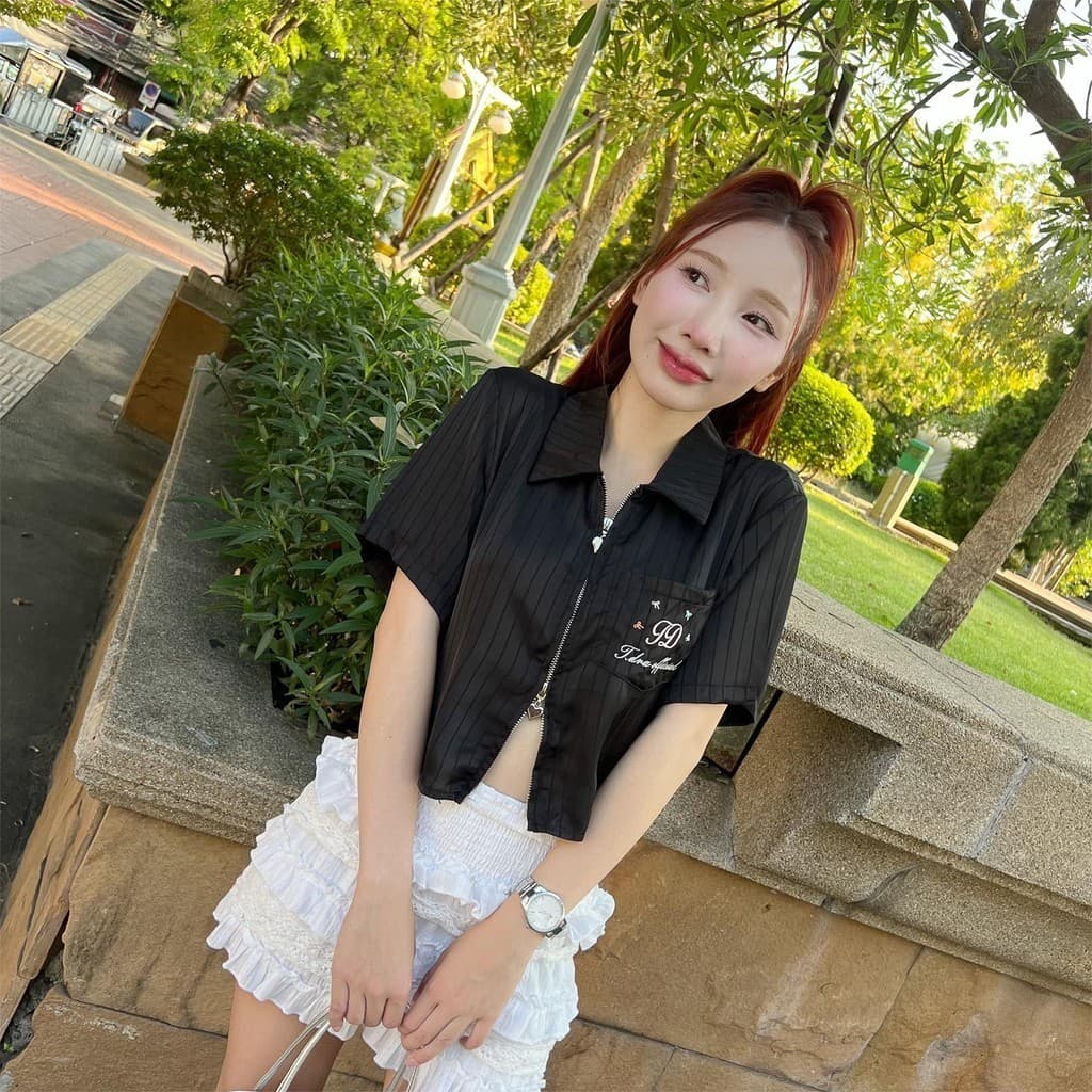 Aurora เสื้อเชิ้ต ชายโค้งติดซิปหน้า ซิปใช้งานได้ ซิป-สั้น เชิ้ตแขนสั้นซิป รูปที่ 6