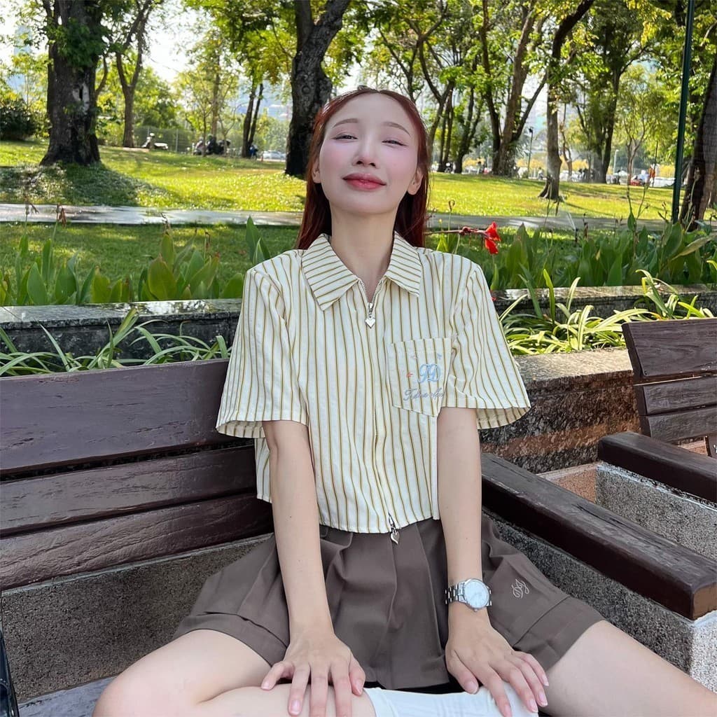 Aurora เสื้อเชิ้ต ชายโค้งติดซิปหน้า ซิปใช้งานได้ ซิป-สั้น เชิ้ตแขนสั้นซิป รูปที่ 9