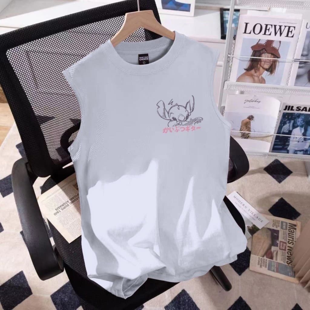 NEW แขนกุดผู้หญิง เสื้อแขนกุดลายสติช สีขาว สกรีนลายหน้า-หลัง OP-1061 รูปที่ 2