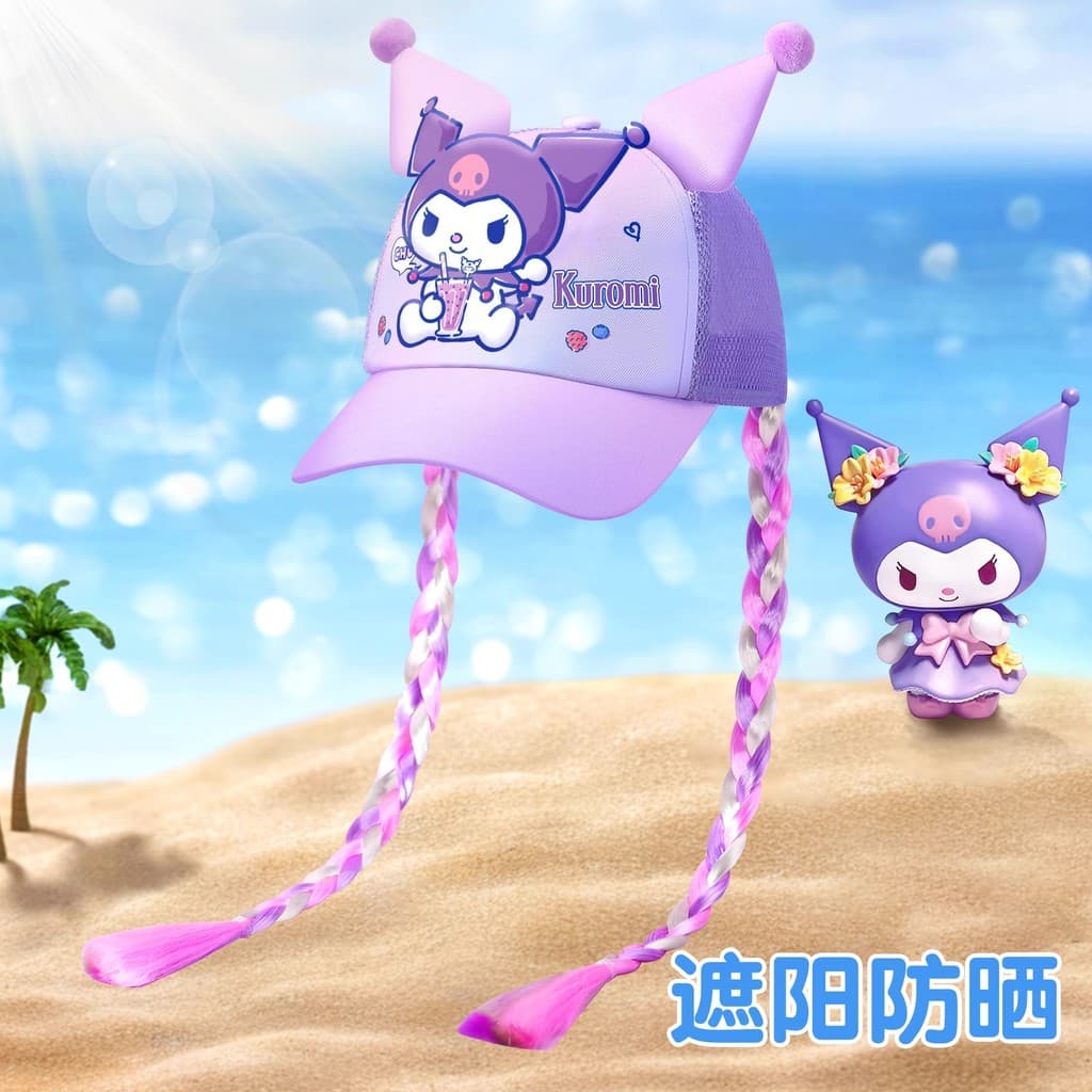 Sanrio Kuromi hat for kids หมวกวิกผมสไตล์ใหม่หมวกถักเปียถัง รูปที่ 2