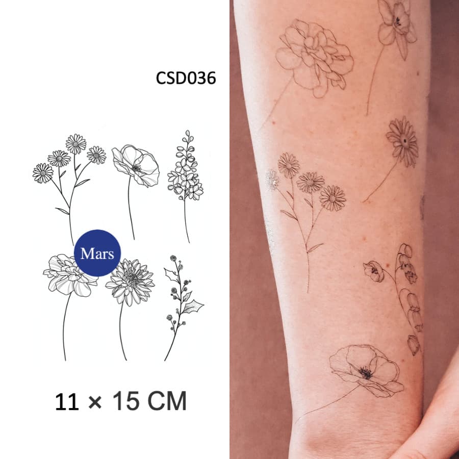 Mars Tattoo - สติ๊กเกอร์รอยสักชั่วคราว ติดทนนาน ดีไซน์ดอกไม้และMoon Vintage, CSD036 รูปที่ 1