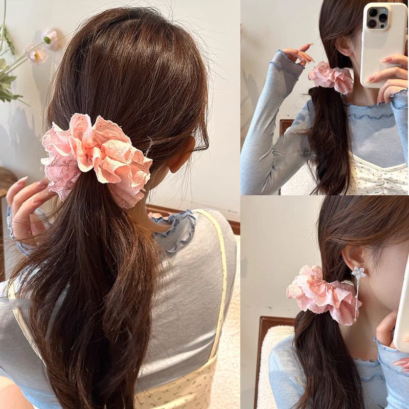ผู้หญิงสีขาวสีฟ้าสีชมพูผ้าฝ้ายลูกไม้ Fairy Priness เชือกผมหางม้า Scrunchies ผมผูก รูปที่ 6