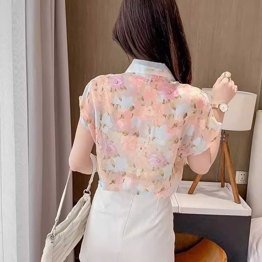 เสื้อเชิ้ตแขนสั้น ผ้าชีฟอง ลายดอกไม้ แนวแฟชั่นใหม่ รูปที่ 6