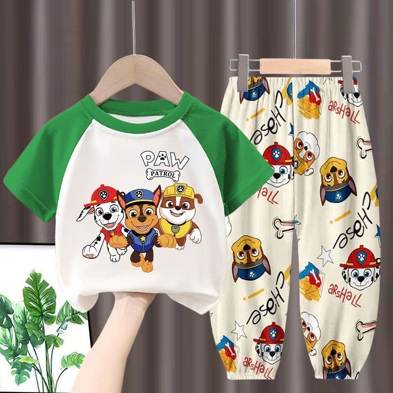 ชุดเด็กชายเสื้อยืดแขนสั้น Paw Patrol + กางเกงผ้าไหมน้ําแข็ง ชุดฤดูร้อน 2 ชิ้น รูปที่ 2
