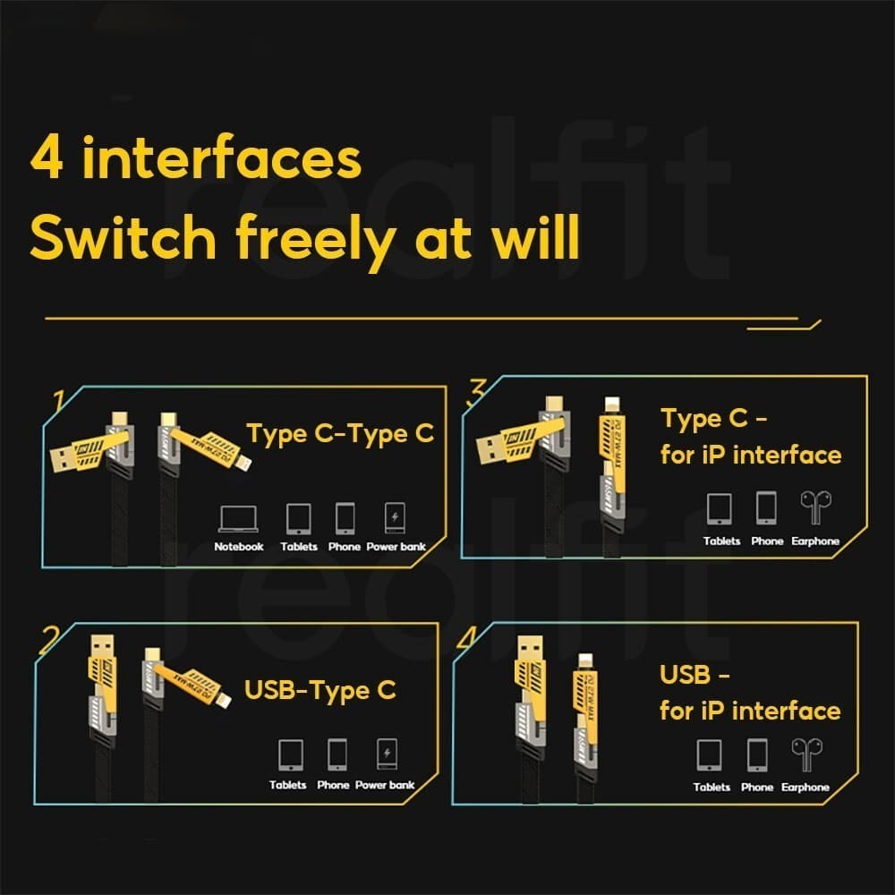 สายชาร์จเมชาสีเหลือง 4in1 ชาร์จเร็ว 65W/PD27W พอร์ตUSB/Type-c/ip/Micro USB ชาร์จเต็ม 60% ใน 15 นาที รองรับ iP 15 14 13 รูปที่ 6