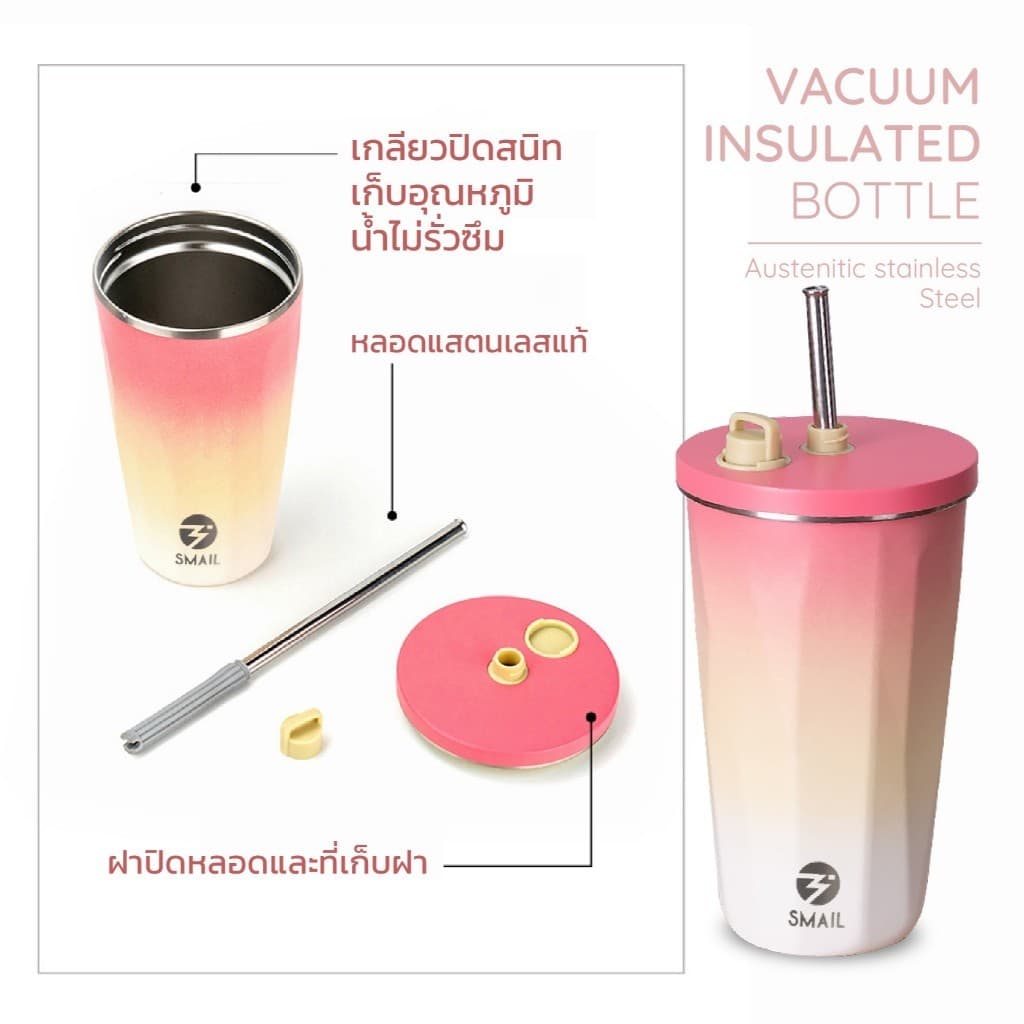 แก้วน้ำ สเตนเลส304 มีฝาปิด แก้วเก็บอุณหภูมิ ขนาด600ml ยี่ห้อSMAIL พร้อมหลอด สีทูโทน เก็บความเย็น ความร้อน รูปที่ 3