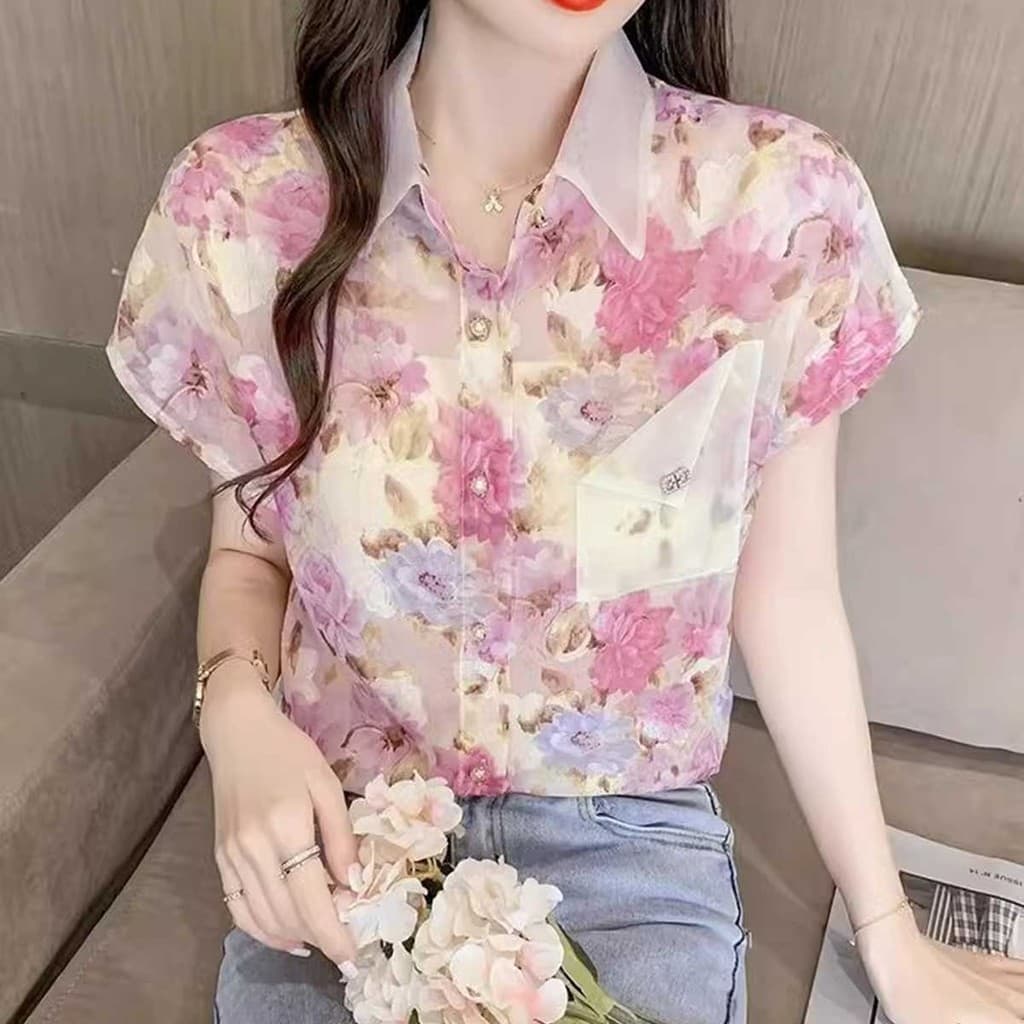 เสื้อเชิ้ตแขนสั้น ผ้าชีฟอง ลายดอกไม้ แนวแฟชั่นใหม่ รูปที่ 4