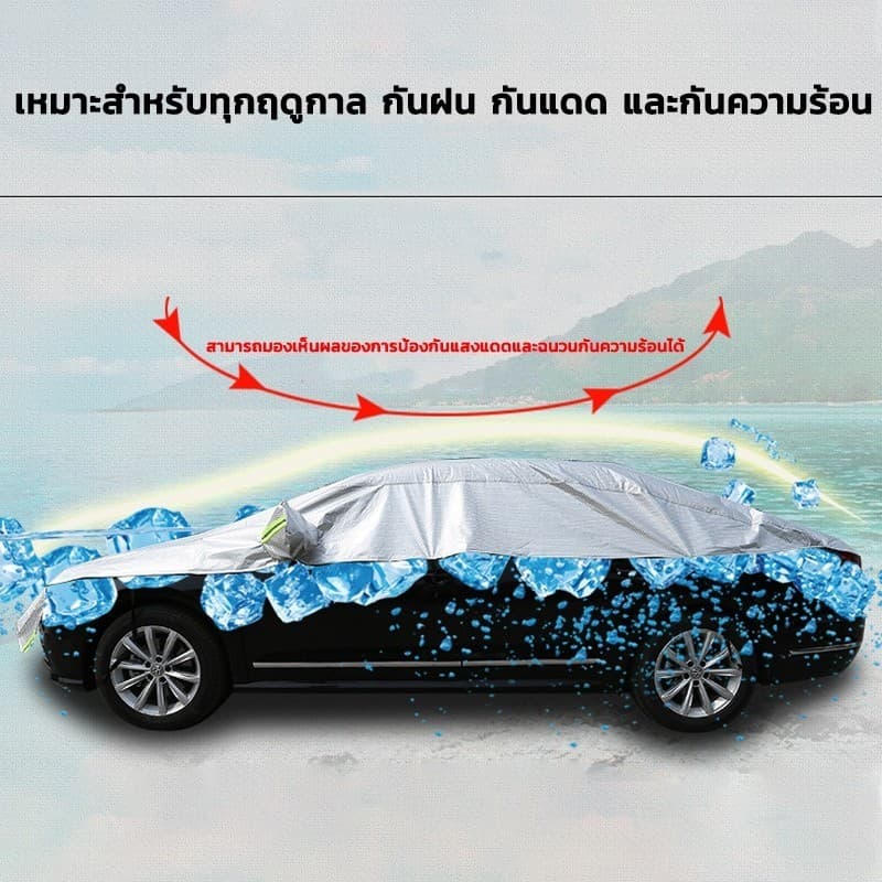 ผ้าคลุมรถครึ่งคัน ผ้าคลุมรถยนต์ กันรังสี UV กันฝน กันน้ำ100% เนื้อผ้าคุณภาพสูง รูปที่ 3
