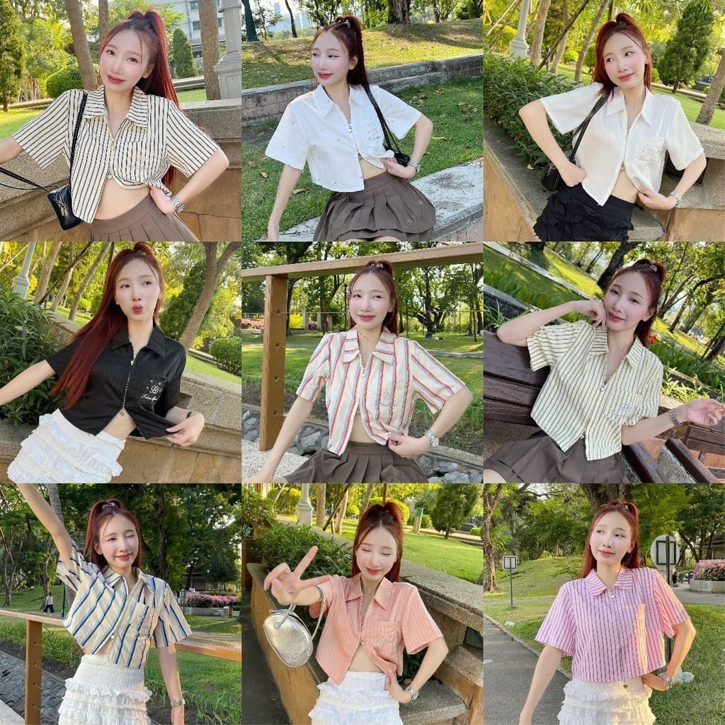 Aurora เสื้อเชิ้ต ชายโค้งติดซิปหน้า ซิปใช้งานได้ ซิป-สั้น เชิ้ตแขนสั้นซิป รูปที่ 1