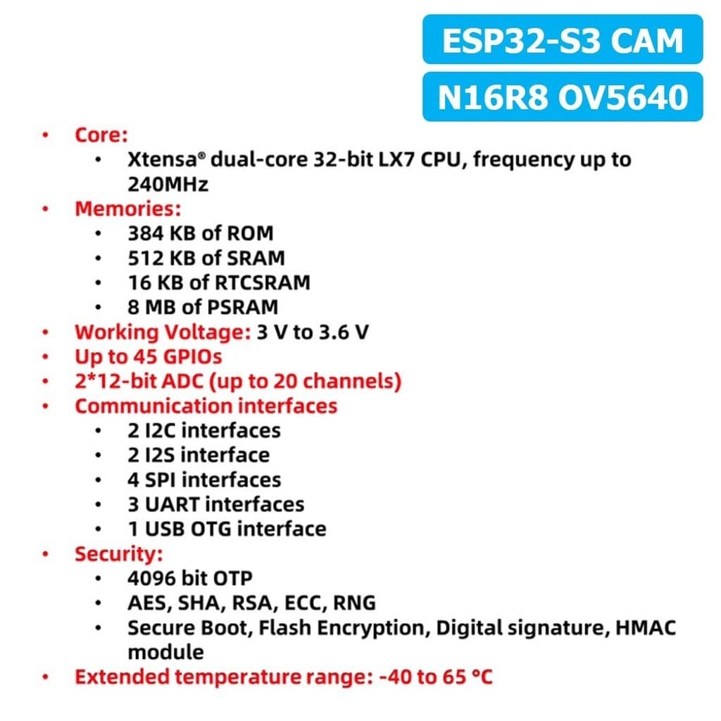 บอร์ด ESP32-S3 CAM N16R8 OV2640/OV5640 Expressif ESP32-S3 WROOM WiFi+Bluetooth Board ESP-32-S3 Camera โมดูลกล้อง รูปที่ 8