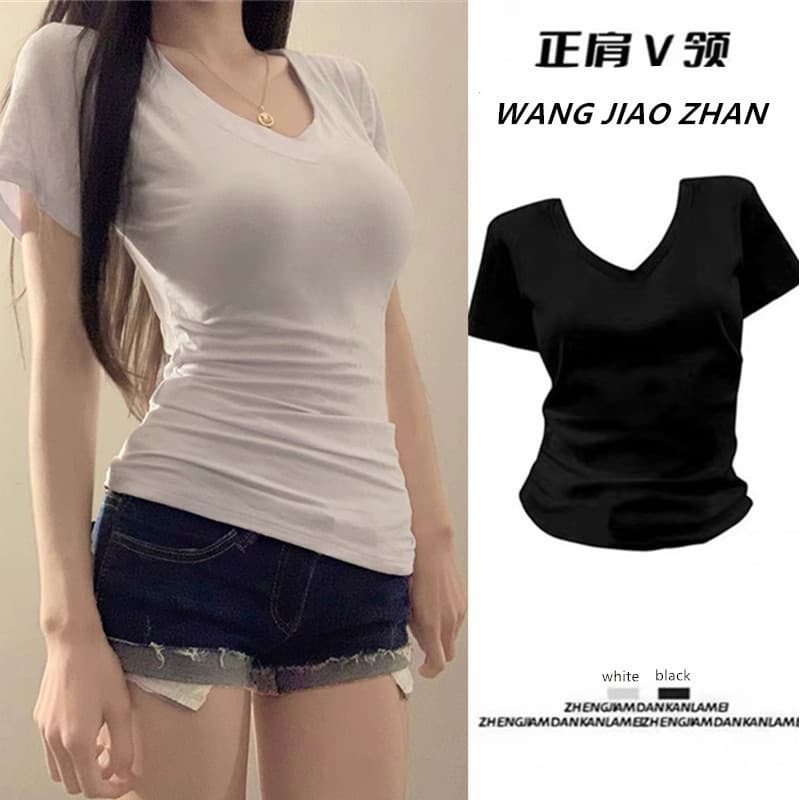 เสื้อยืดแฟชั่นแขนสั้นคอวีสีพื้นสำหรับผู้หญิง รูปที่ 1