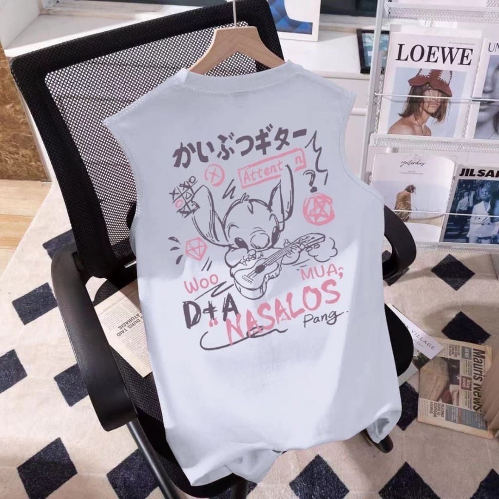 NEW แขนกุดผู้หญิง เสื้อแขนกุดลายสติช สีขาว สกรีนลายหน้า-หลัง OP-1061 รูปที่ 3