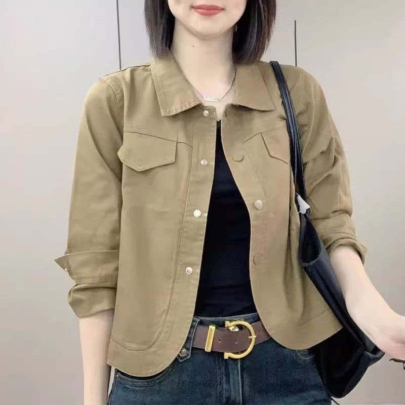 เสื้อแจ็คเก็ตสตรีฤดูใบไม้ผลิฤดูใบไม้ร่วงใหม่หญิงแฟชั่นบุคลิกภาพสแควร์คอสั้นเสื้อ รูปที่ 5