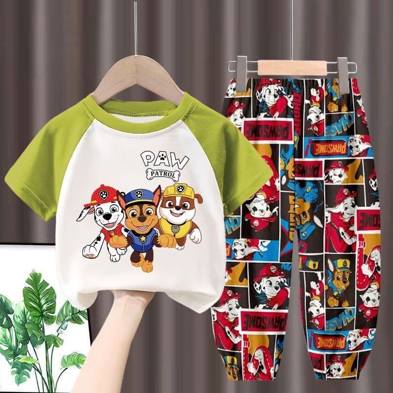ชุดเด็กชายเสื้อยืดแขนสั้น Paw Patrol + กางเกงผ้าไหมน้ําแข็ง ชุดฤดูร้อน 2 ชิ้น รูปที่ 3