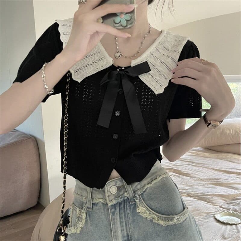 Gakki เสื้อคาร์ดิแกนถักแขนสั้นไหมพรมผู้หญิง ผ้านิ่มใส่สบาย ฟรีไซส์ 2038# รูปที่ 3