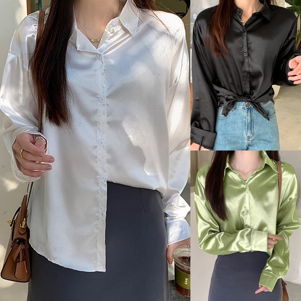 Suysuy เสื้อเชิ้ต แขนยาว คอปก ผ้าซาติน ลื่นๆ ใส่สบายมาก ดีไซน์เว้าเอว ทรงสวยเก๋มาก แมทซ์ได้กับทุกลุคทุกสไตล์ รูปที่ 1