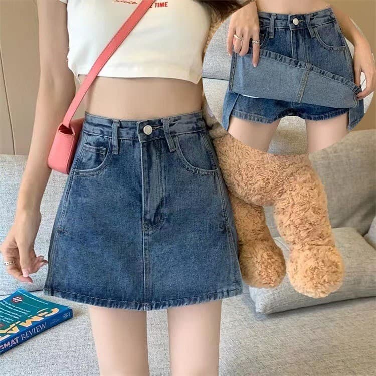 GHAOHES กระโปรงกางเกงยีนส์ S-4XL เอวสูง ลมเกาหลี มินิน่ารัก ผ่า 2 ข้าง มีซับยีนส์ กระโปรง y2k รูปที่ 1
