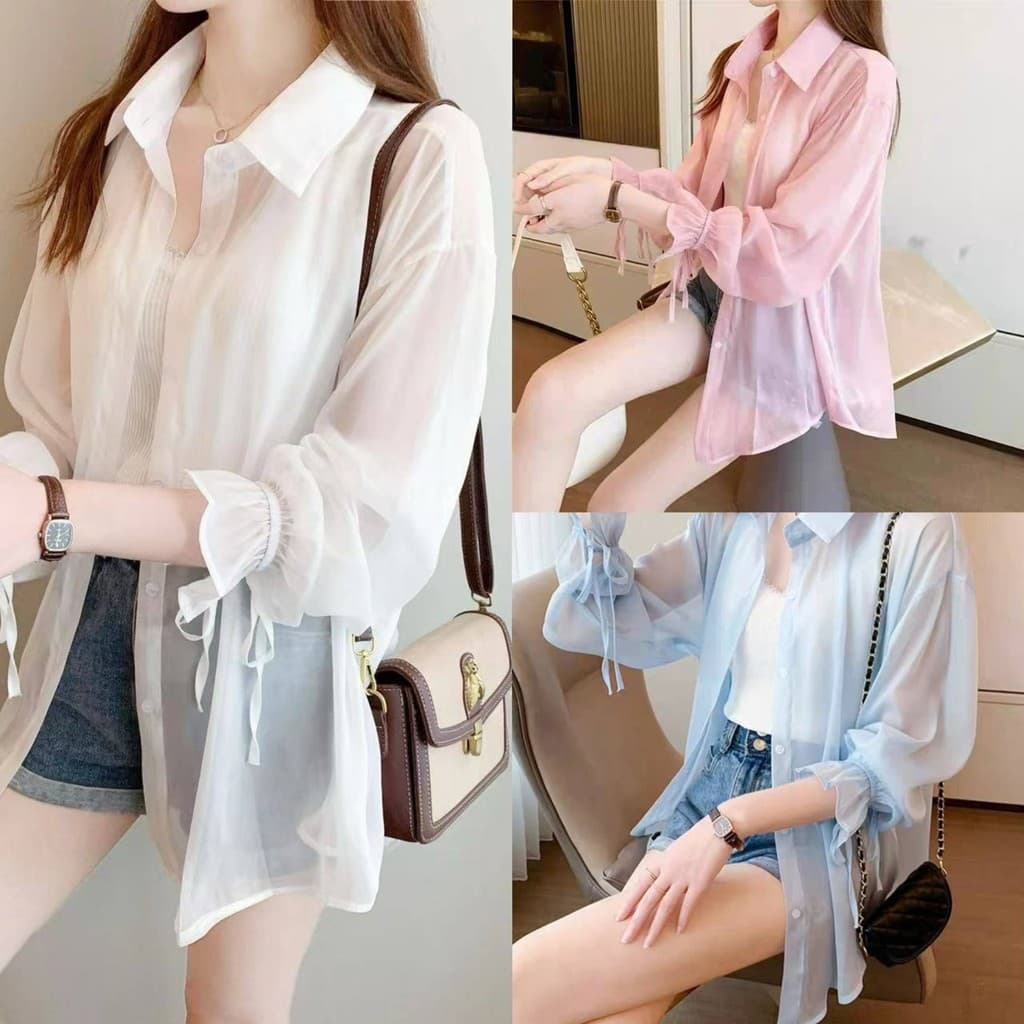 MKLเสื้อเชิ๊ตแขนยาว ผ้าชีฟอง แบบบาง ทรงหลวม แขนเสื้อผูกเชือก แฟชั่นสำหรับผู้หญิง #7763 รูปที่ 1