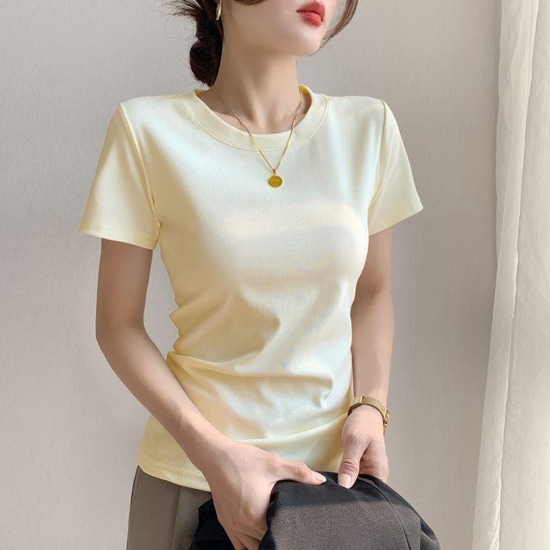 เสื้อยืดแขนสั้น สำหรับผู้หญิง ทำจากผ้าฝ้าย เหมาะสำหรับฤดูร้อน มาใหม่ คอกลม ทรงสลิมฟิต ท็อปส์ซู รูปที่ 1