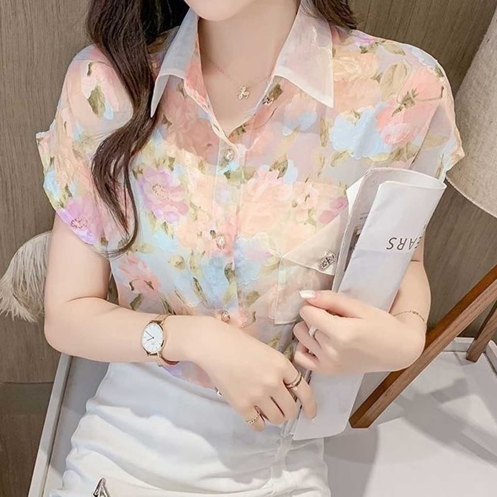 เสื้อเชิ้ตแขนสั้น ผ้าชีฟอง ลายดอกไม้ แนวแฟชั่นใหม่ รูปที่ 2