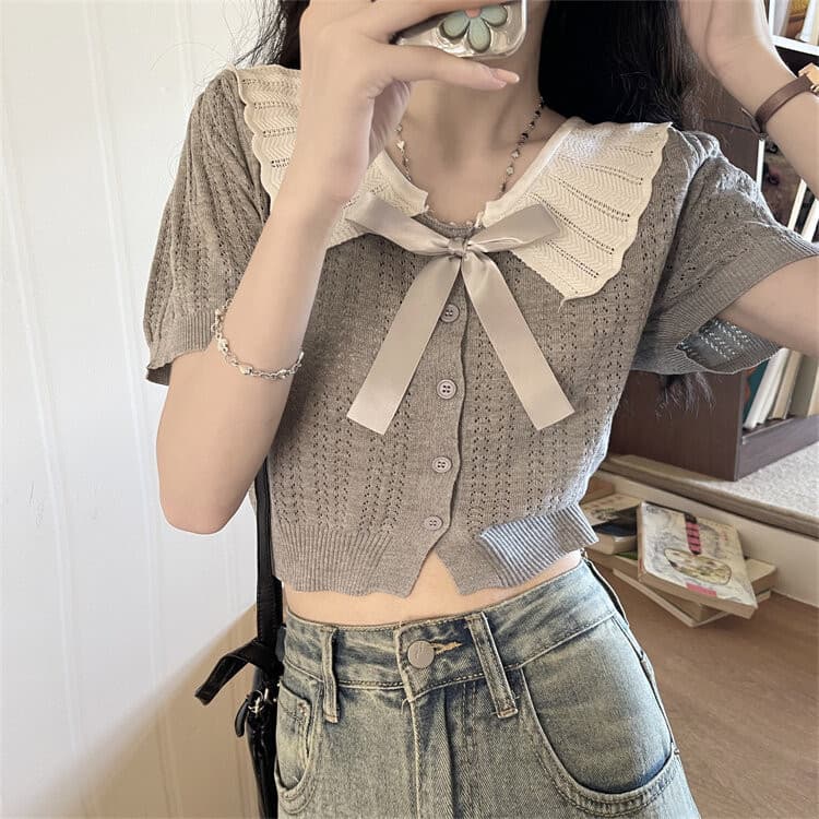 Gakki เสื้อคาร์ดิแกนถักแขนสั้นไหมพรมผู้หญิง ผ้านิ่มใส่สบาย ฟรีไซส์ 2038# รูปที่ 6