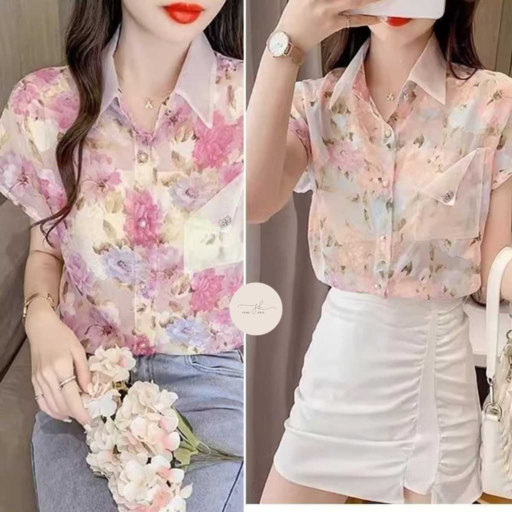 เสื้อเชิ้ตแขนสั้น ผ้าชีฟอง ลายดอกไม้ แนวแฟชั่นใหม่ รูปที่ 1