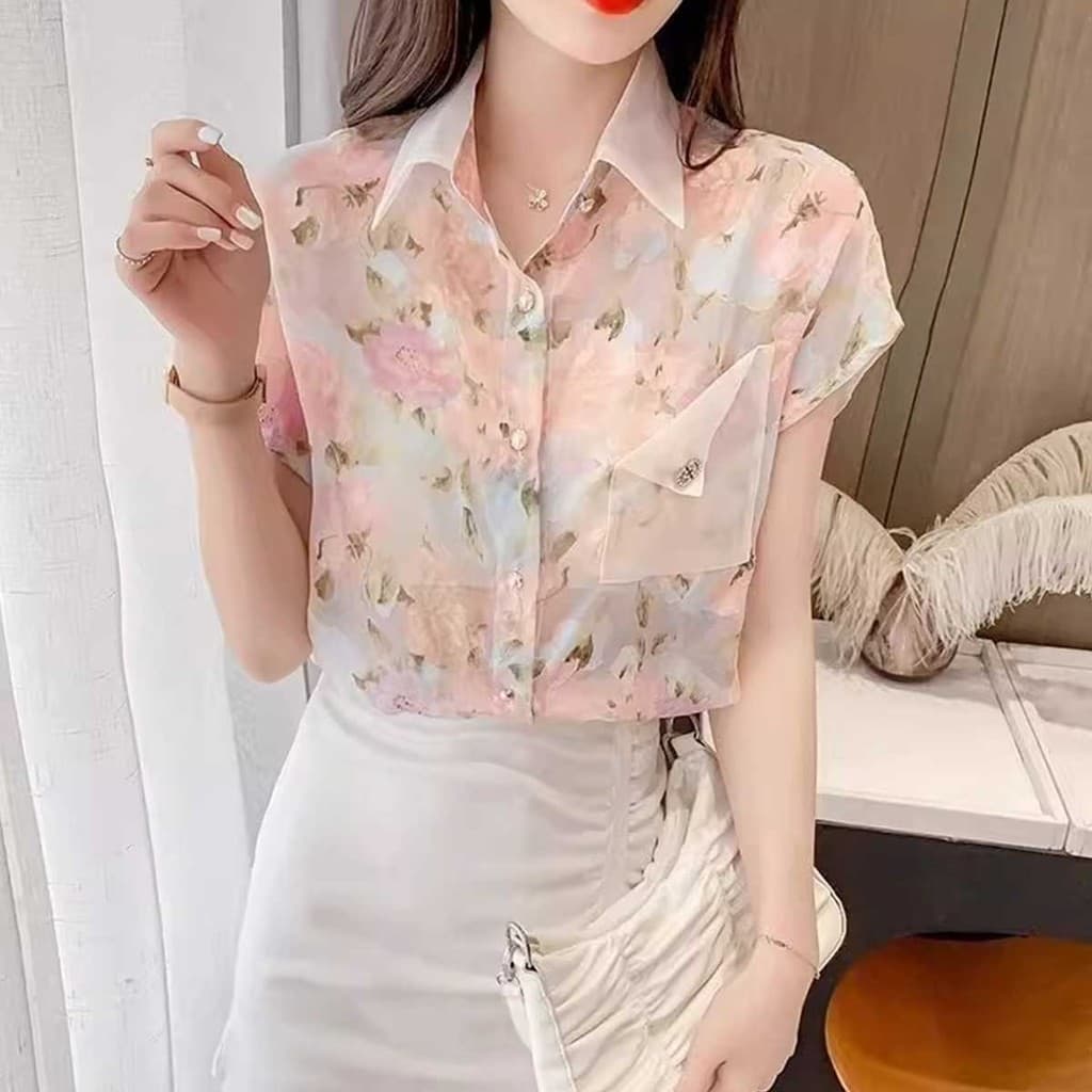เสื้อเชิ้ตแขนสั้น ผ้าชีฟอง ลายดอกไม้ แนวแฟชั่นใหม่ รูปที่ 7