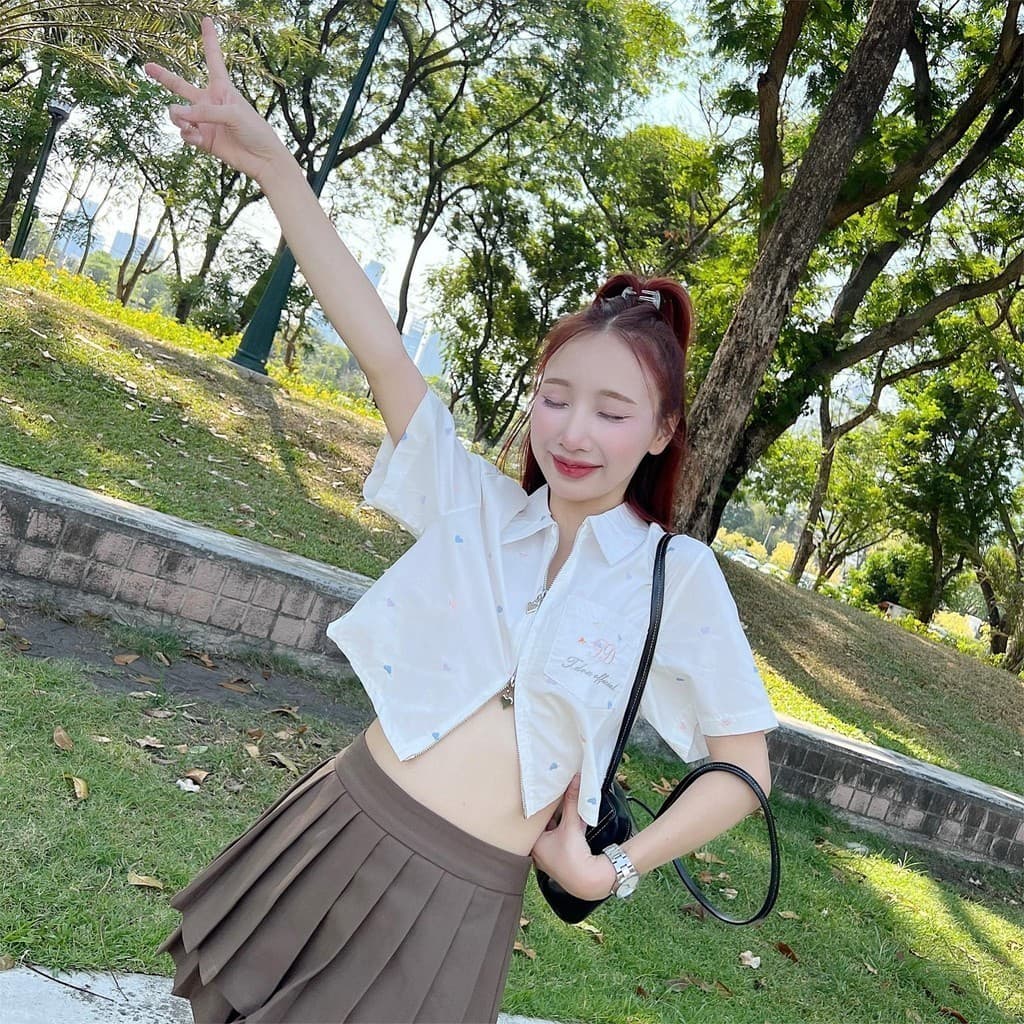 Aurora เสื้อเชิ้ต ชายโค้งติดซิปหน้า ซิปใช้งานได้ ซิป-สั้น เชิ้ตแขนสั้นซิป รูปที่ 4