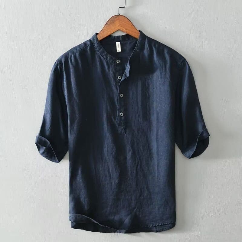 Eershenshi เสื้อเชิ้ต Henley ผ้าลินินสีขาวมีสไตล์สําหรับผู้ชาย - ชุดลําลองแขนสั้นทรงหลวมฤดูร้อน รูปที่ 2