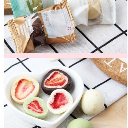 สตอเบอรี่เคลือบช็อคโกแลต ขนมไดฟุกุ สตอเบอรี่ มี 3รสชาติ ช็อกโกแลต ชาเขียว นม กรอบ หอม หวาน อร่อย 60g รูปที่ 3