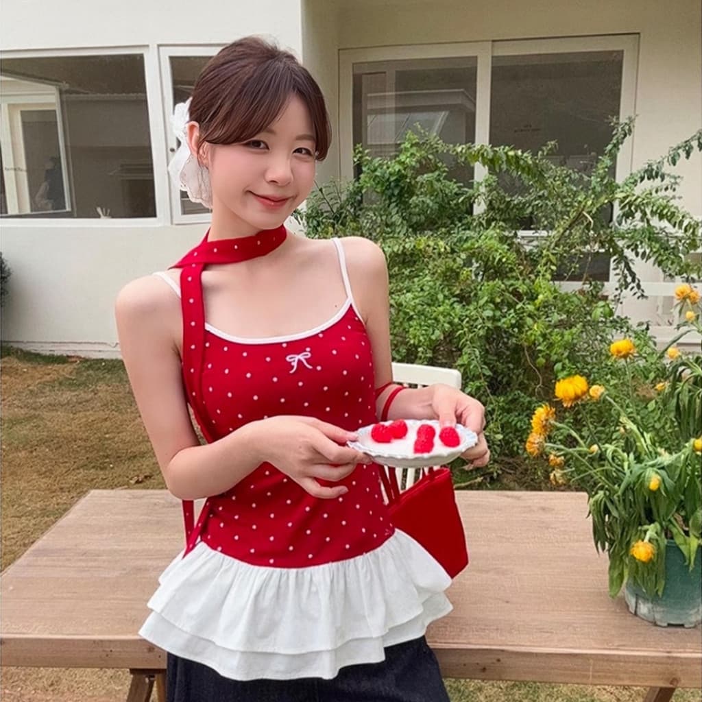 Fariyคลังสินค้าพร้อม2025 เสื้อผ้าผู้หญิงเกาหลีฤดูร้อน เสื้อกั๊กแขนกุดลูกไม้ลายจุดสีแดงน่ารักพร้อมกระโปรงระบายริบบิ้น รูปที่ 8