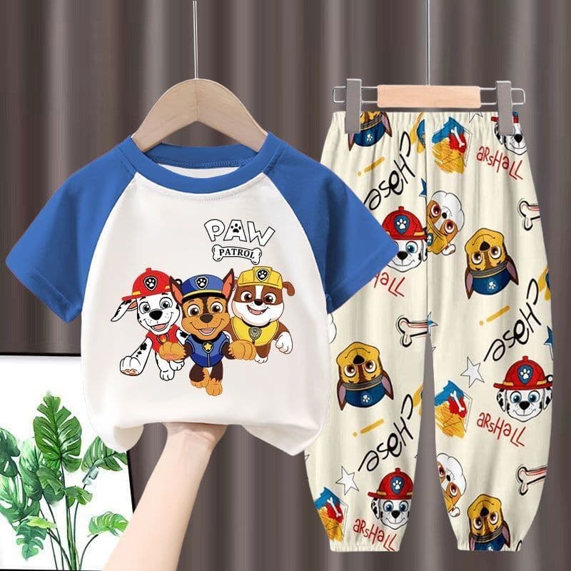 ชุดเด็กชายเสื้อยืดแขนสั้น Paw Patrol + กางเกงผ้าไหมน้ําแข็ง ชุดฤดูร้อน 2 ชิ้น รูปที่ 1