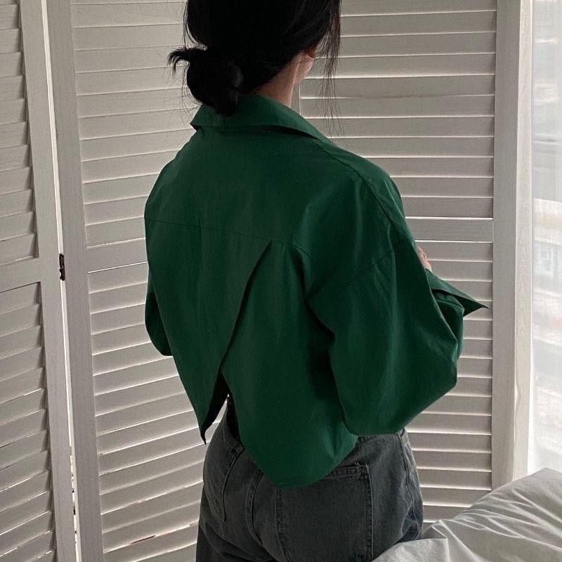 MIMI&DIDI#เสื้อเชิ้ตแขนยาว เสื้อแฟชั่นผู้หญิง ครอป คอปก แฟชั่นสไตล์เกาหลี ทรงหลวม ผ่าหลังและคอปก สำหรับผู้หญิง#W411 รูปที่ 5