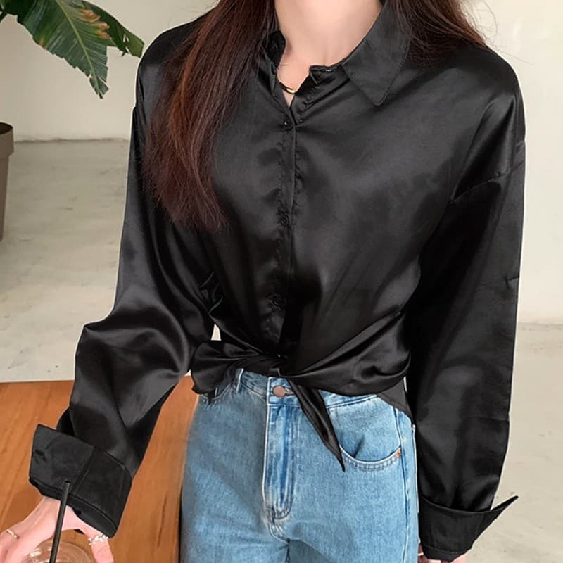 Suysuy เสื้อเชิ้ต แขนยาว คอปก ผ้าซาติน ลื่นๆ ใส่สบายมาก ดีไซน์เว้าเอว ทรงสวยเก๋มาก แมทซ์ได้กับทุกลุคทุกสไตล์ รูปที่ 6