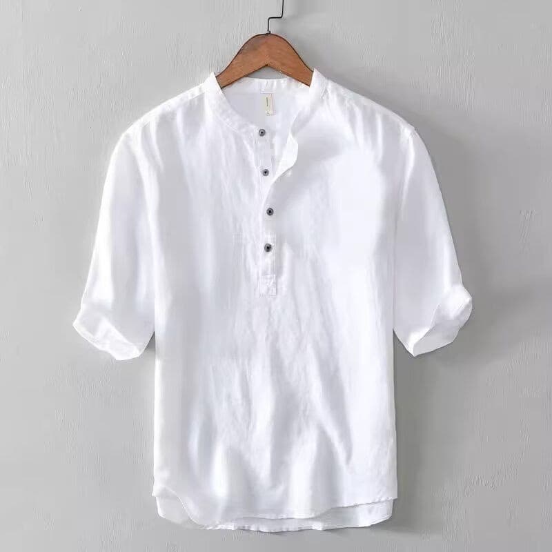 Eershenshi เสื้อเชิ้ต Henley ผ้าลินินสีขาวมีสไตล์สําหรับผู้ชาย - ชุดลําลองแขนสั้นทรงหลวมฤดูร้อน รูปที่ 4