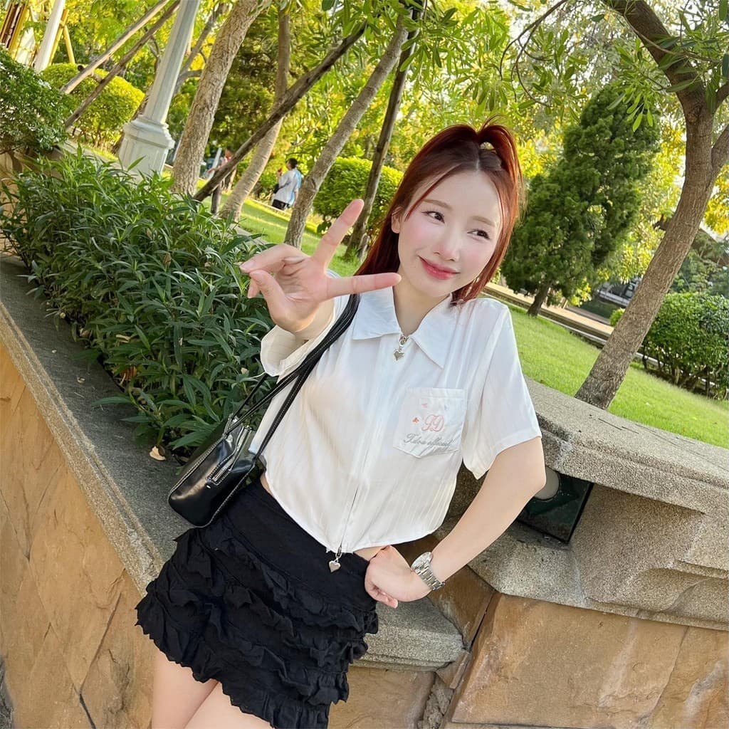 Aurora เสื้อเชิ้ต ชายโค้งติดซิปหน้า ซิปใช้งานได้ ซิป-สั้น เชิ้ตแขนสั้นซิป รูปที่ 7