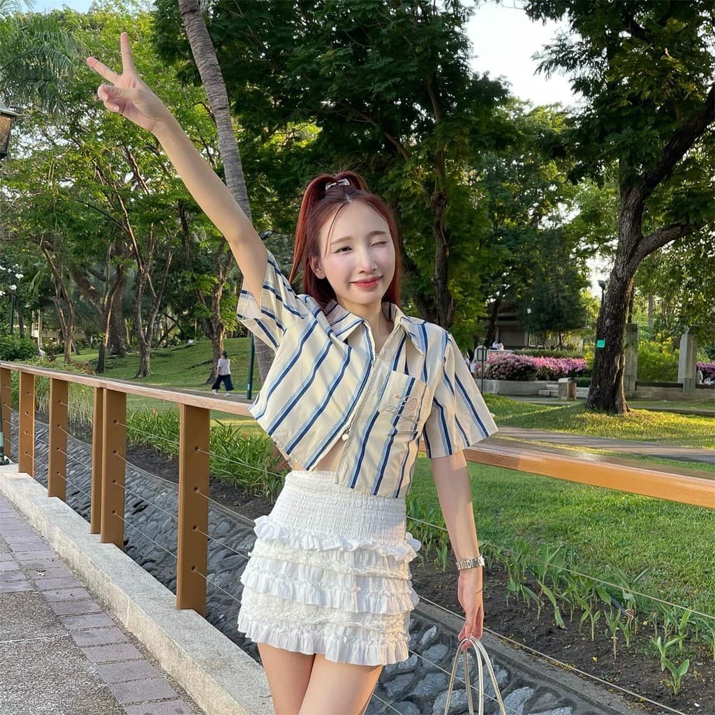Aurora เสื้อเชิ้ต ชายโค้งติดซิปหน้า ซิปใช้งานได้ ซิป-สั้น เชิ้ตแขนสั้นซิป รูปที่ 5