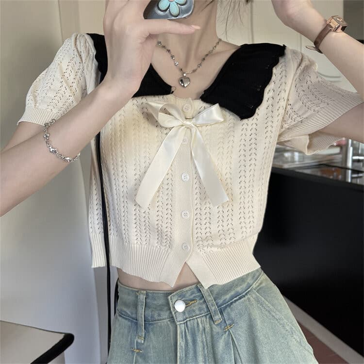 Gakki เสื้อคาร์ดิแกนถักแขนสั้นไหมพรมผู้หญิง ผ้านิ่มใส่สบาย ฟรีไซส์ 2038# รูปที่ 4