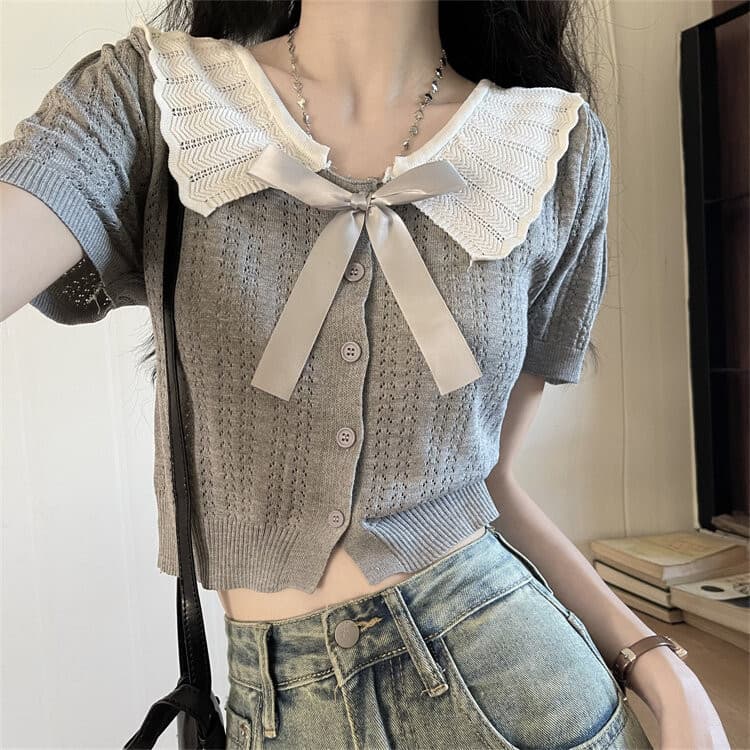 Gakki เสื้อคาร์ดิแกนถักแขนสั้นไหมพรมผู้หญิง ผ้านิ่มใส่สบาย ฟรีไซส์ 2038# รูปที่ 1