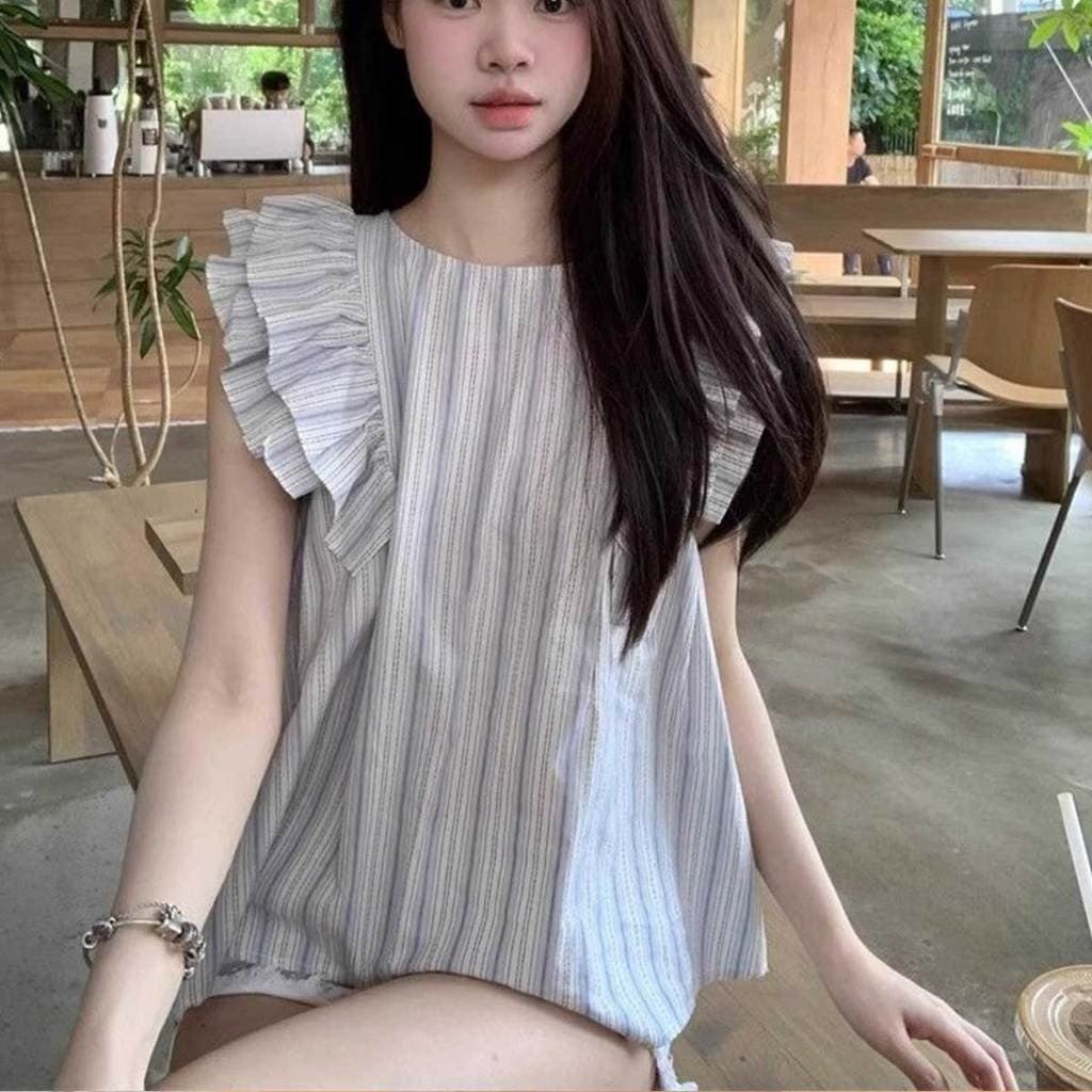 เสื้อแขนระบาย สีฟ้าอ่อน ดีไซน์น่ารัก สไตล์เกาหลี รูปที่ 4