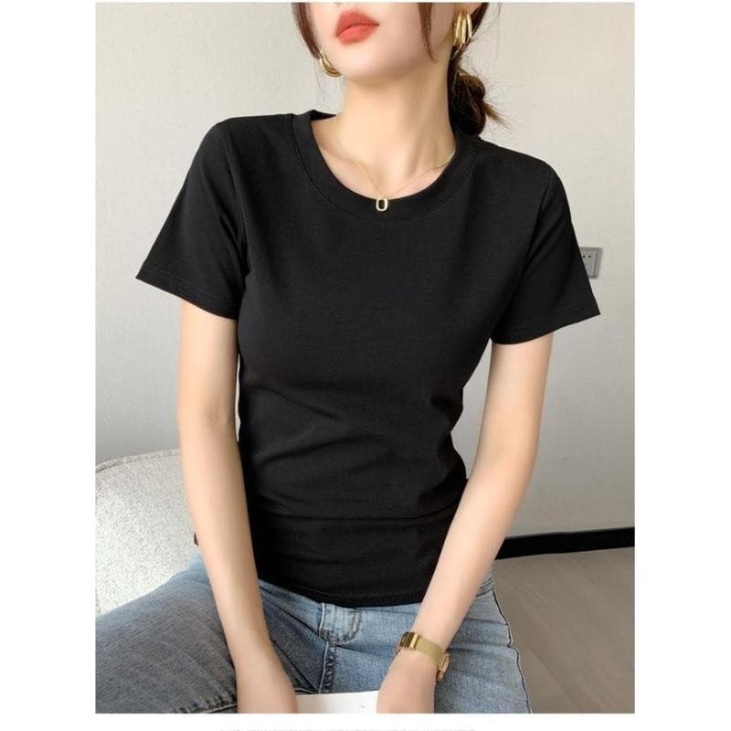 เสื้อยืดแขนสั้น สำหรับผู้หญิง ทำจากผ้าฝ้าย เหมาะสำหรับฤดูร้อน มาใหม่ คอกลม ทรงสลิมฟิต ท็อปส์ซู รูปที่ 5