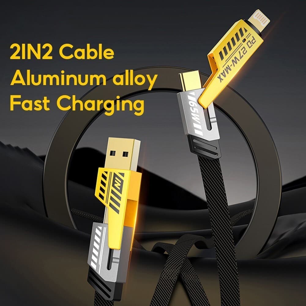 สายชาร์จเมชาสีเหลือง 4in1 ชาร์จเร็ว 65W/PD27W พอร์ตUSB/Type-c/ip/Micro USB ชาร์จเต็ม 60% ใน 15 นาที รองรับ iP 15 14 13 รูปที่ 3