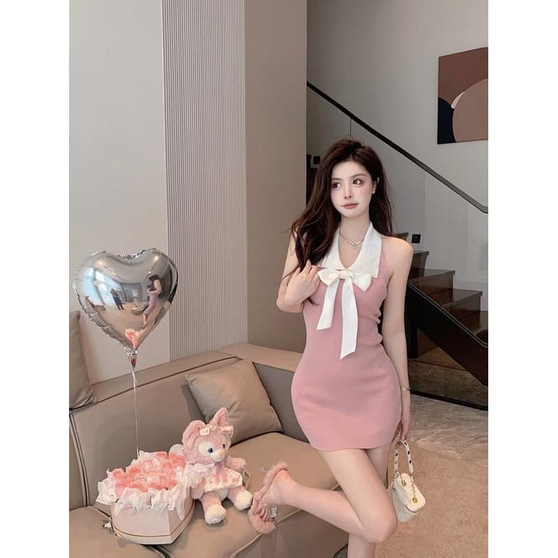 cherryshop ชุดเดรส เดรสเซ็กซี่แฟชั่นผู้หญิง เปิดไหล่คล้องคอสไตล์ฝรั่งเศสอ่อนโยน น่ารักเซ็กซี่ รูปที่ 3