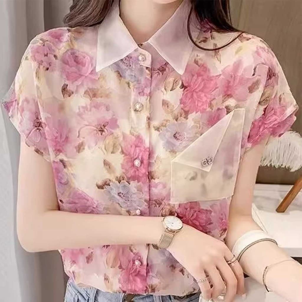 เสื้อเชิ้ตแขนสั้น ผ้าชีฟอง ลายดอกไม้ แนวแฟชั่นใหม่ รูปที่ 9