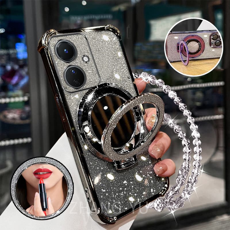 กันกระแทกเคสสําหรับ OPPO reno 11f 5G เคสโทรศัพท์ 3D ที่วางกระจกแต่งหน้าสร้อยข้อมือใหม่ softcase รูปที่ 2