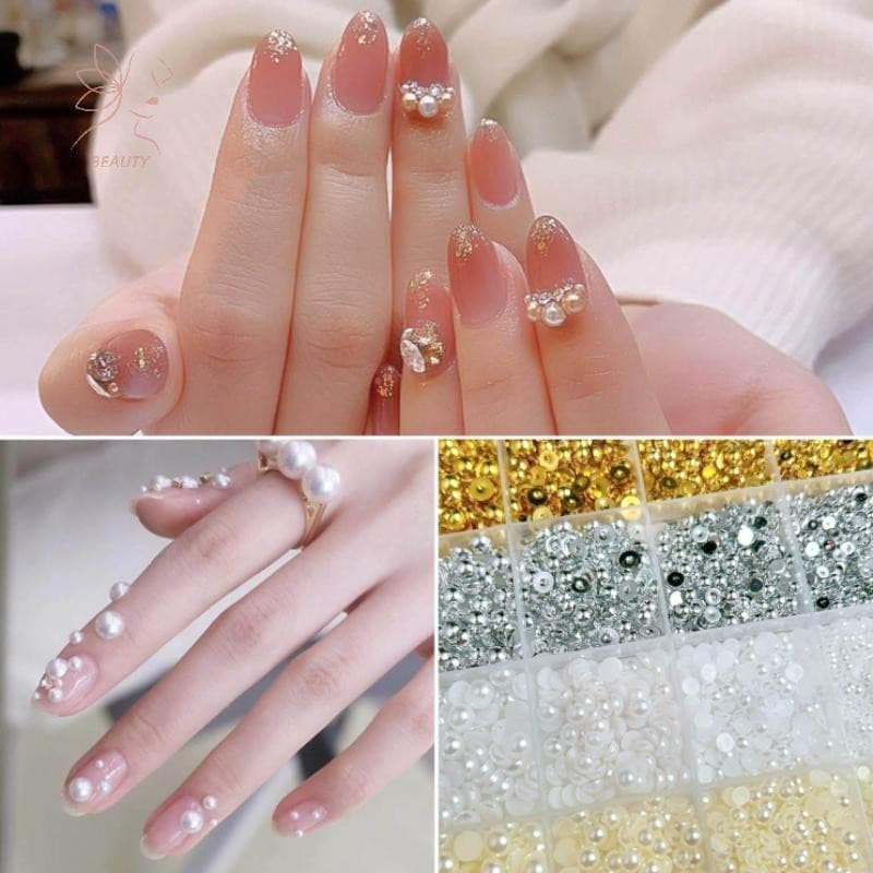 12Grids ผสมมุกครึ่งวงกลมทองและเงินเล็บ Charms ตกแต่งเล็บอุปกรณ์ร้านทําเล็บ {TH} รูปที่ 4